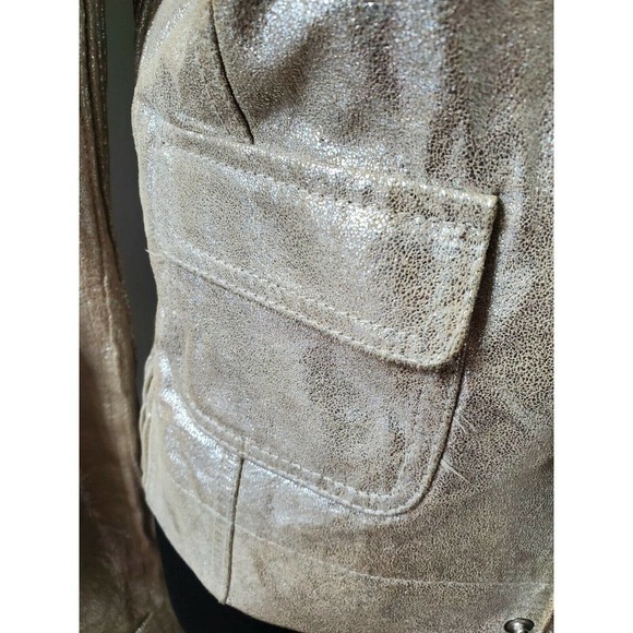 Bebe Women's Metalic Beige 100% Leather Long Sleeve High Neck Front Zip Jacket L - Picture 3 of 13